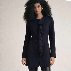 ZARA Navy Longline Tailored Ruffle Blazer • Navy • XS